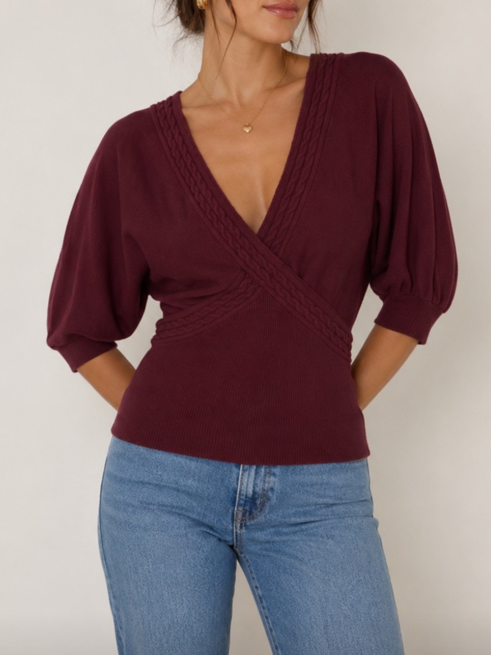 bebe Burgundy Ribbed Knit V-Neck Top with Half Sleeve